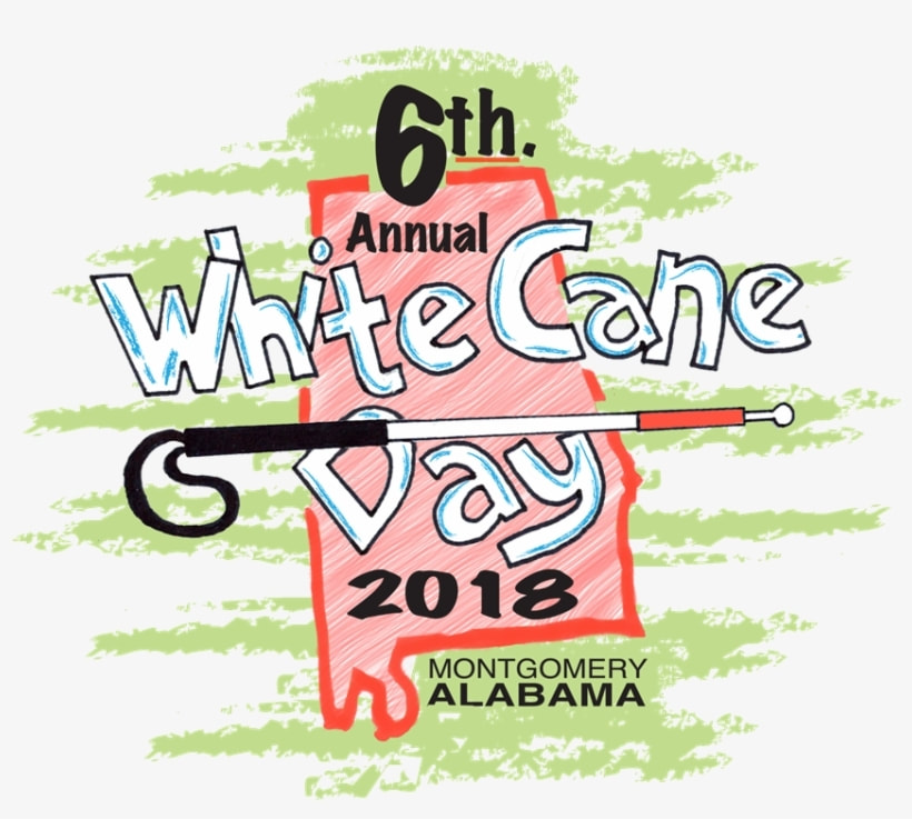 White Cane Day Montgomery Logo a drwaing with a cane and the words going over a drawing of Alabama