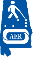 AER Alabama logo, blue Alabama with a figure with a white cane AL in Braille and AER logo all in white 