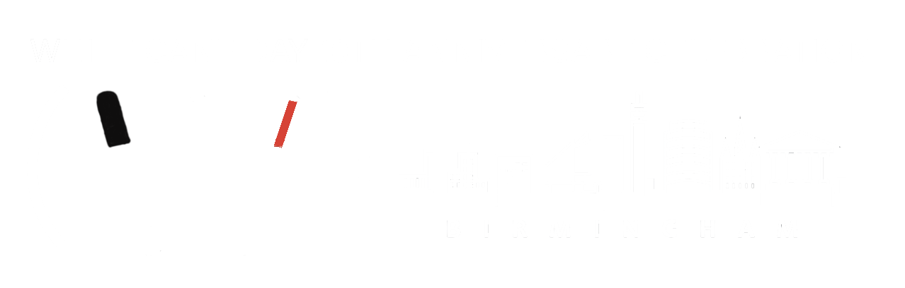 White Cane Day Logo, White Cane Day 10th Anniversary Celebration a w in quotes made out of a white cane, and drawing of the Birmingham and the word Birmingham underneath
